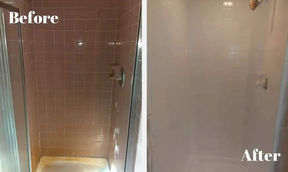 The image shows a before and after of the same shower, the before showing the tile as pink and the floor yellow and the after showing it all white.